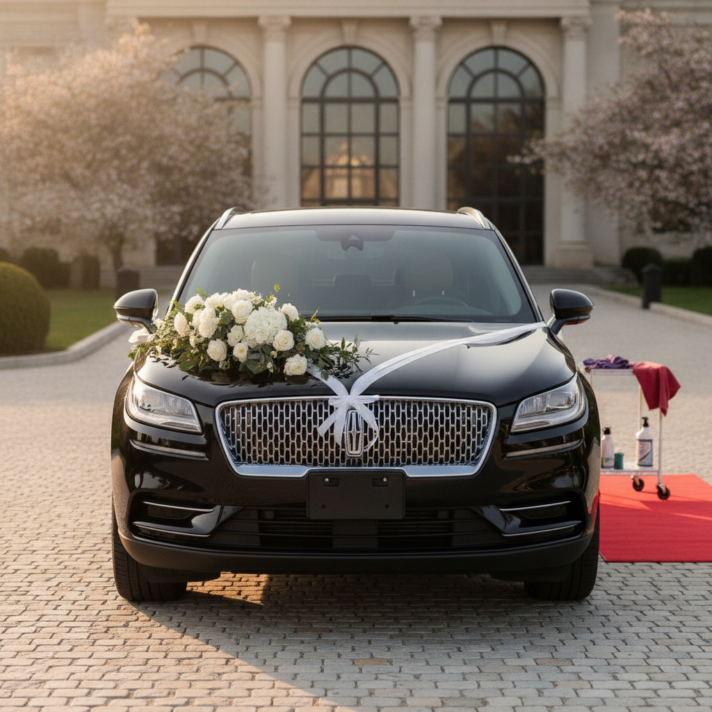 Create a realistic, professional service-business photograph showing Wedding Limousine from behind, with the backs of their heads visible. Do not show any faces, facial features, front-facing views or side views, profiles, or identifiable p