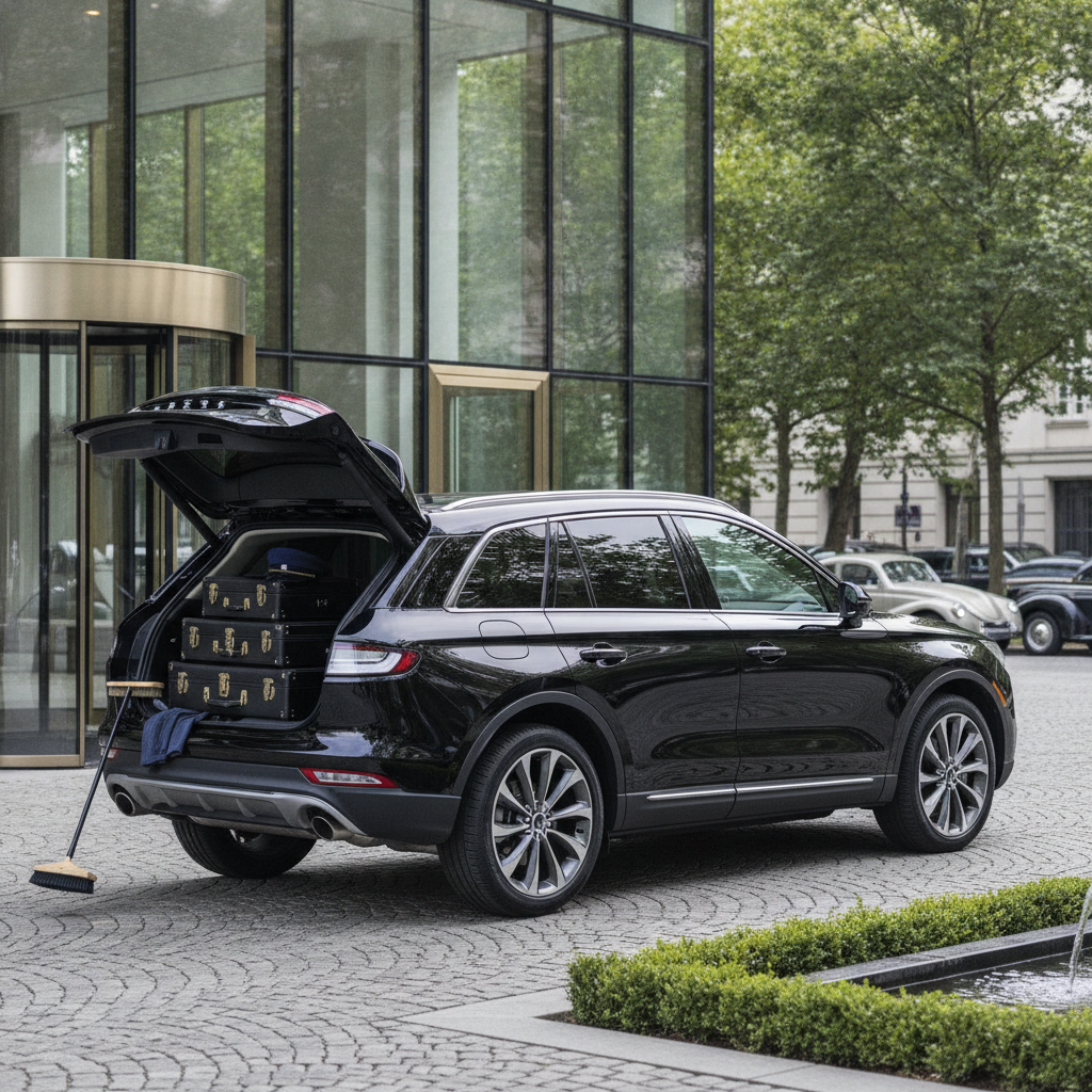 Create a realistic, professional service-business photograph showing Chauffeur Service from behind, with the backs of their heads visible. Do not show any faces, facial features, front-facing views or side views, profiles, or identifiable p