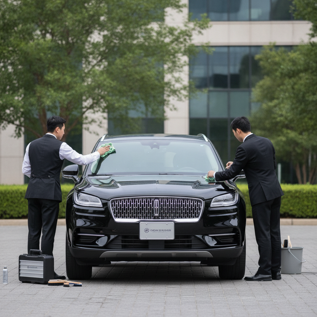 Create a realistic, professional service-business photograph showing Corporate Chauffeur from behind, with the backs of their heads visible. Do not show any faces, facial features, front-facing views or side views, profiles, or identifiable